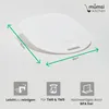 A white product on a light gray and white background, with dimensions and feature icons shown. Produktbild-Vorschau