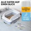 A cat litter box with dimensions and material information displayed. Produktbild-Vorschau
