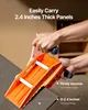 Hands holding an orange panel carrier, with text overlays describing its features. Voir les images du produit