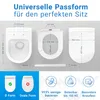 Diagrams and icons illustrating the features and dimensions of a toilet seat. Produktbild-Vorschau