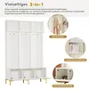 A white entryway organizer with multiple compartments and hooks, shown with descriptive text and close-up insets highlighting features. Anteprima dell’immagine prodotto