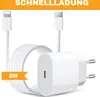 A white USB-C charger and a white Lightning to USB-C cable are coiled and displayed against a white background. Produktbild-Vorschau