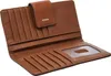 An open brown leather wallet with multiple card slots and a clear ID window. Produktbild-Vorschau