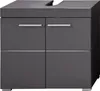 A front view of a gray bathroom vanity cabinet with two doors and two drawers. Produktbild-Vorschau