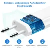 A close-up view of a white USB charger adapter with its internal circuitry visible, accompanied by icons and text describing its safety features. Produktbild-Vorschau