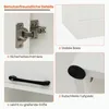 A collage of four close-up images highlighting details of a white cabinet, including a hinge, the base, a handle, and feet. Podgląd zdjęcia produktu