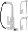 A white kitchen faucet with a pull-out spray head is shown against a white background. Two smaller images of the faucet are also present, one with water flowing. Anteprima dell’immagine prodotto