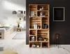 A bedroom with a wooden crate shelf unit filled with books and decor, next to a bed. Produktbild-Vorschau