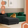 A Pomeranian dog is lying on a dark gray chaise lounge in front of a green sofa. There are graphic overlays on the left side of the image. Podgląd zdjęcia produktu
