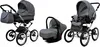 A collage of a baby stroller system, including a bassinet, a car seat, and a stroller seat, all in gray. Produktbild-Vorschau