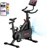 A stationary exercise bike with a tablet holder and a smartphone displaying an app. Produktbild-Vorschau