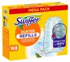 Verpackung der Swiffer Duster Refills im Mega Pack mit 18 Staubfangtüchern. Gelb-orangefarbene Box mit Bild eines blauen Staubwischers und dem Hinweis ‚Effektiv gegen 100 % Staub‘ sowie dem Duft ‚Clean & Fresh‘. Produktbild-Vorschau