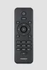 A black remote control for an audio system, shown from a top-down perspective against a light gray background. Produktbild-Vorschau