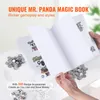 A person's hands are holding open a book with panda illustrations, surrounded by badge accessories. Produktbild-Vorschau