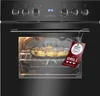 A black oven with food inside and a marketing tag hanging from the handle. Produktbild-Vorschau