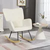 A beige rocking chair with black metal legs and wooden rockers is placed on a rug in a room. A small side table with a vase of flowers and a cup of tea is next to the chair. Anteprima dell’immagine prodotto