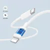 A white USB-C to Lightning cable with a transparent section showing internal circuitry, set against a light blue gradient background. Produktbild-Vorschau