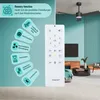 A collage showing a ceiling fan remote control and illustrations of its functions on the left, with a modern living room with a ceiling fan and furniture on the right. Produktbild-Vorschau
