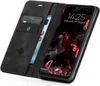 A black flip case for a Samsung Galaxy A42 phone, shown open with cards and a banknote inside, and the phone screen displaying a wallpaper and time. Produktbild-Vorschau