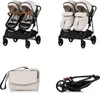 A collage of images showing a twin stroller in different configurations, a bag, and the stroller folded. Produktbild-Vorschau