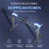 A diagram of a standing desk frame with glowing blue motors, highlighting its features. Produktbild-Vorschau