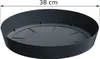 A dark gray plant saucer is shown from a slightly elevated angle against a white background. A measurement line indicates the diameter is 38 cm. Náhľad obrázku produktu