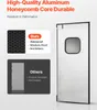 A product image showcasing a commercial stainless steel swing door with a window, accompanied by marketing text highlighting its features and comparing it to other options. Náhled obrázku produktu