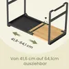 A close-up view of an expandable microwave shelf, showing its adjustable width feature with arrows and measurements. Produktbild-Vorschau