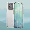 A clear phone case is shown with a phone inside, set against a gradient background of light blue and green. Produktbild-Vorschau