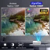 A split image showing a comparison between a 720P and 1080P projector image quality, with a projector at the bottom. Produktbild-Vorschau