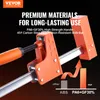 Close-up marketing image of a woodworking clamp, highlighting its materials and features with overlaid text and a comparison graphic. Podgląd zdjęcia produktu