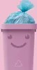 A pink trash can with a smiling face and a blue trash bag full of trash. Produktbild-Vorschau