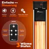 Marketing image showing a TRESKO infrared heater with a remote control and feature callouts. Náhled obrázku produktu
