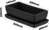 A black ceramic rectangular planter with a matching saucer, shown with dimensions indicated by text overlays. Produktbild-Vorschau