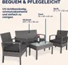 A set of outdoor furniture including a sofa, two chairs, and a coffee table, with dimensions labeled. Produktbild-Vorschau