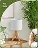A bedside table with a lamp, vase, and decorative objects, next to a chair and a large plant. Produktbild-Vorschau