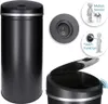 A collage showing an automatic trash can, its control switch, and illustrations of its motion sensor and touch function. Produktbild-Vorschau