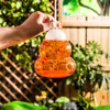 A hand holding an orange insect trap outdoors, with a wooden fence and greenery in the background. Produktbild-Vorschau