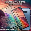 A marketing image for Samsung Galaxy S10e tempered glass screen protectors, showing multiple protectors and a phone against a colorful, abstract background. Produktbild-Vorschau
