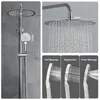 A collage of images showing a shower system with different spray modes and dimensions. Produktbild-Vorschau