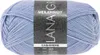 A ball of light blue yarn with a label wrapped around it. Produktbild-Vorschau