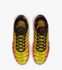 A top-down view of a pair of Nike TN Air Max Plus sneakers with a sunset orange gradient. Voir les images du produit