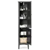 A tall, narrow black cabinet with its doors open, displaying various bathroom items on its shelves. Náhled obrázku produktu