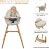 A baby sitting in a high chair with text and diagrams highlighting features. Produktbild-Vorschau