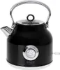 A black electric kettle with a silver handle and spout, featuring a temperature gauge on the front.