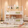 A white bunk bed with a house-like frame, set up in a child's room with toys and decorations. Voir les images du produit