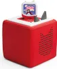 A red cube-shaped Toniebox with a character card on top and two gray shark fins. Produktbild-Vorschau