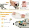Collage of images showing features of a baby high chair, including tray adjustments, cup holder, and detachable tray. Náhled obrázku produktu