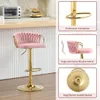 A pink bar stool with gold accents is shown in a kitchen setting, with close-up shots highlighting its features. Produktbild-Vorschau