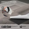 Close-up of vinyl flooring planks being installed, with text overlays highlighting ease of installation and product features. Podgląd zdjęcia produktu